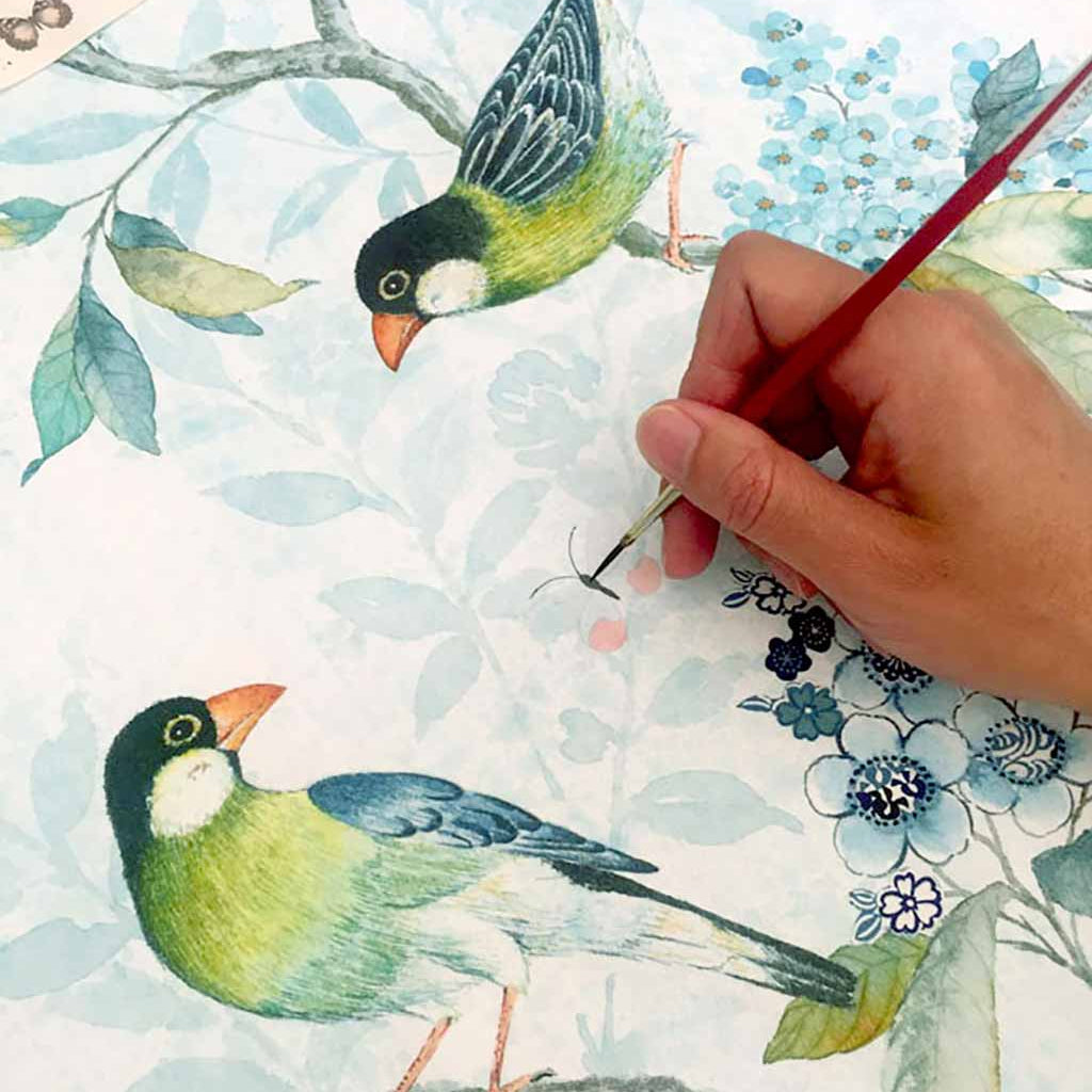 'Lanna Garden' Chinoiserie inspired Original Painting by Artist Chris Chun. Mixed Media on Awagami Paper.