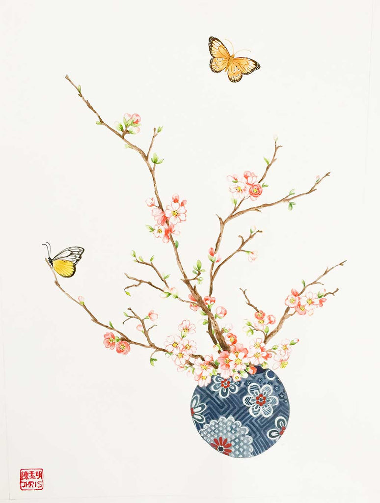 'Miyako' Cherry Blossom Watercolour Painting by Artist Chris Chun.