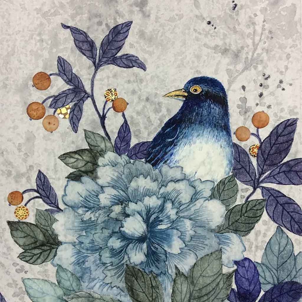 Japanese inspired Original Painting by Artist Chris Chun. Japanese Peony Rose with Bird and Origami Paper detail. Mixed Media on Paper. Wide Silver Patina Frame. Free Shipping Worldwide.