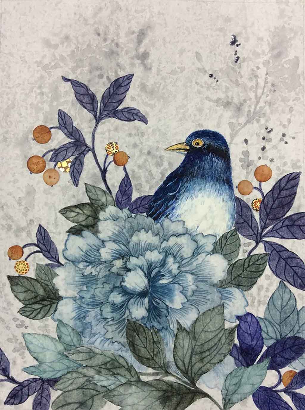 Japanese inspired Original Painting by Artist Chris Chun. Japanese Peony Rose with Bird and Origami Paper detail. Mixed Media on Paper. Wide Silver Patina Frame. Free Shipping Worldwide.