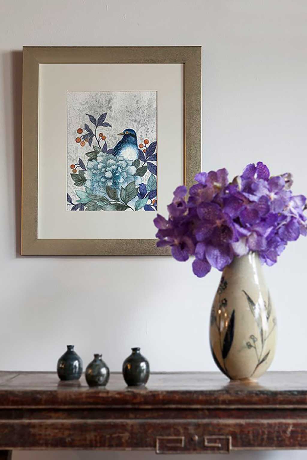 Japanese inspired Original Painting by Artist Chris Chun. Japanese Peony Rose with Bird and Origami Paper detail. Mixed Media on Paper. Wide Silver Patina Frame. Free Shipping Worldwide.