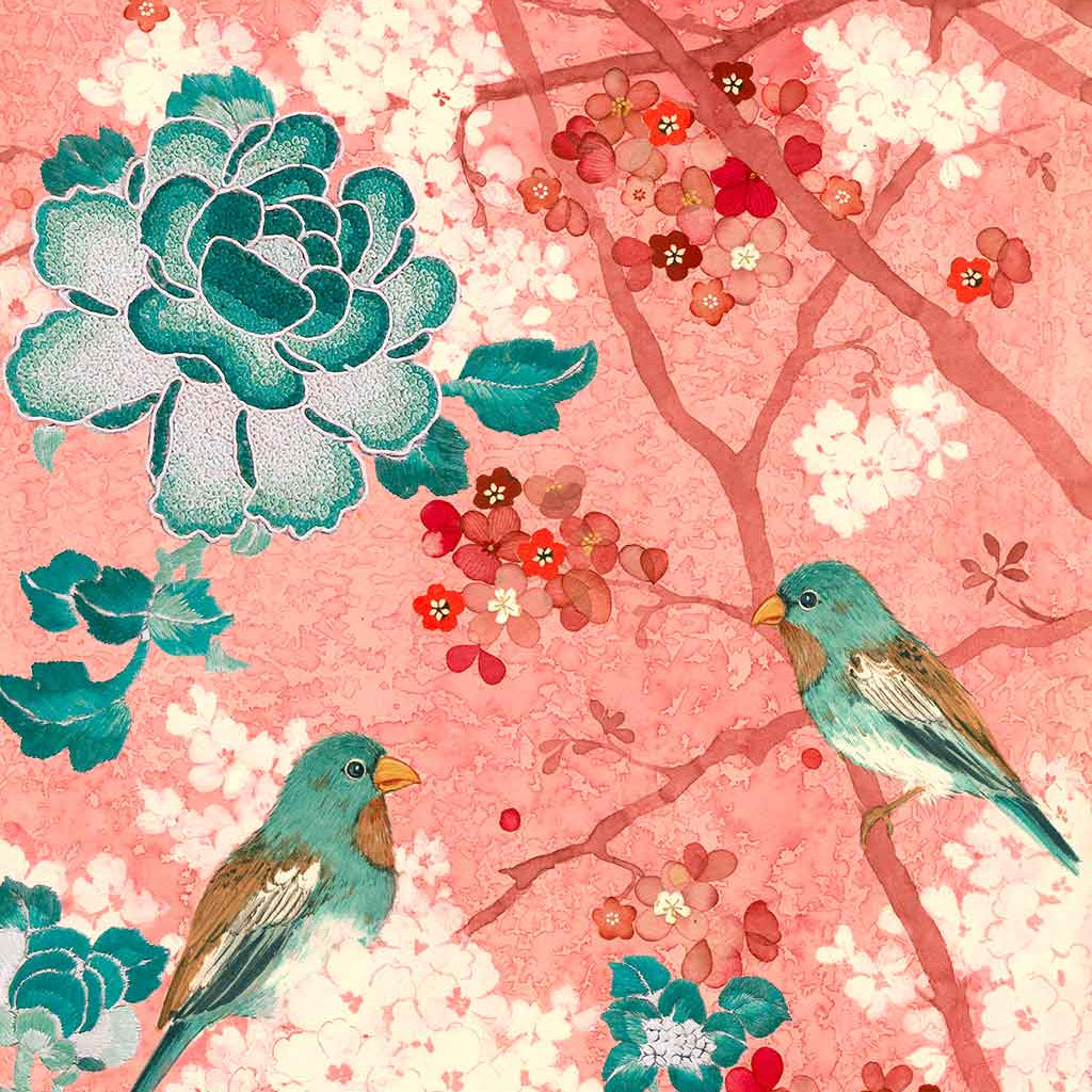 Contemporary Chinoiserie Artist Chris Chun combines his exquisite mixed media paintings with embroidery from antique textiles. Camellia Garden is from The Riches of Nature Collection.