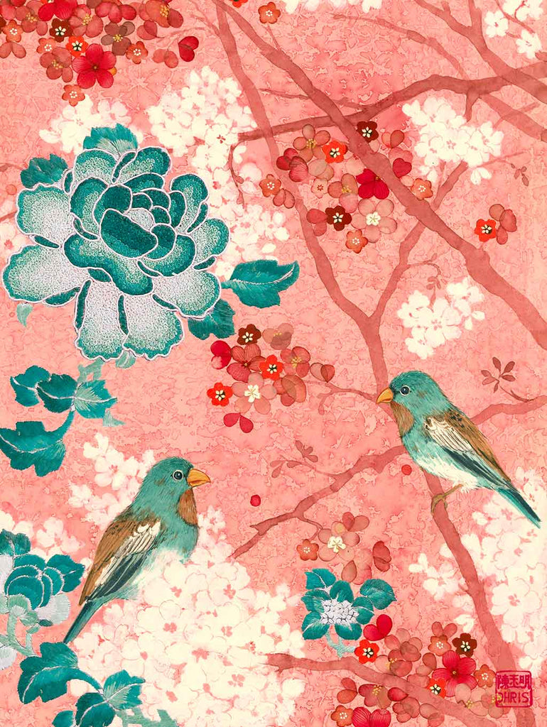 Contemporary Chinoiserie Artist Chris Chun combines his exquisite mixed media paintings with embroidery from antique textiles. Camellia Garden is from The Riches of Nature Collection. 