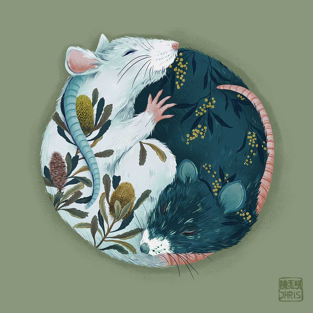 Yin and Yang Native Flora. Chinese Zodiac Rat Art created by Australian Chinese artist Chris Chun.