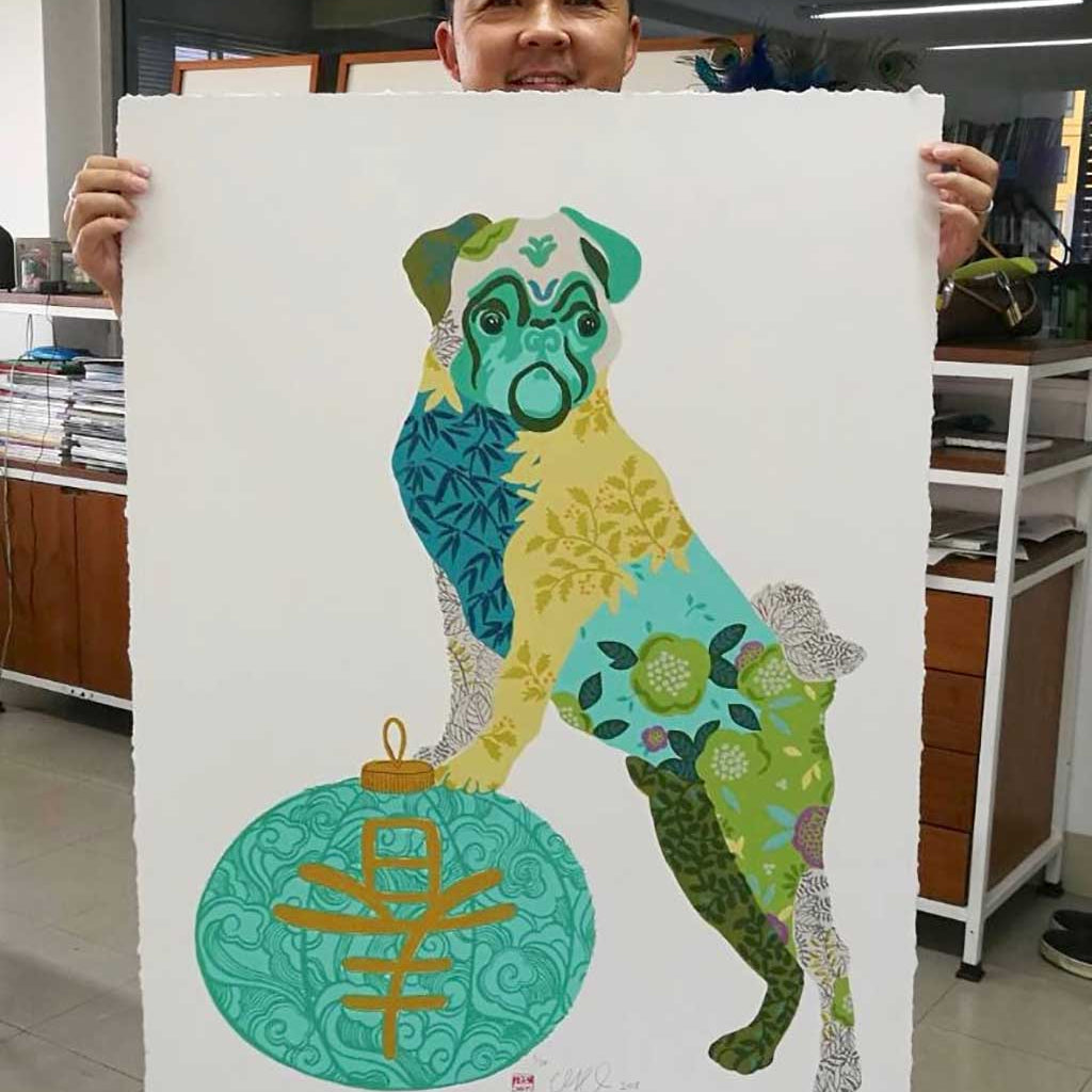 To celebrate 2018 Year of the Dog, Chris collaborated with the studio of JojoKOBE Gallery in Chiang Mai to create a special silkscreen print featuring 20 colours.