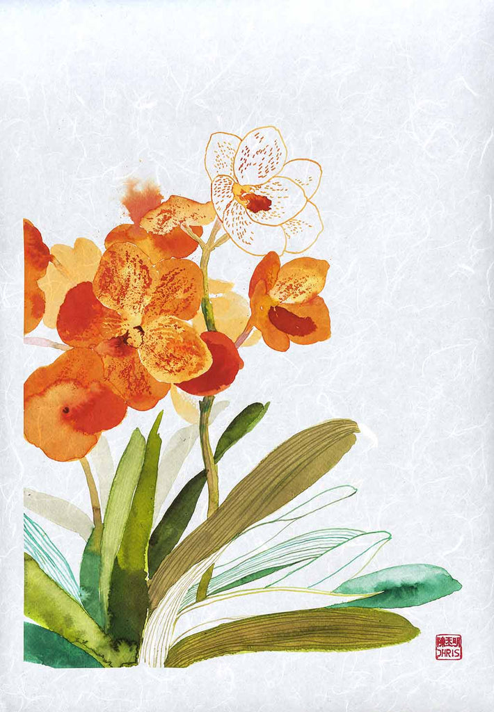 Vanda Betty Mae Steel Orchid Fine Art Print by artist Chris Chun. Archival Print on Awagami Handcrafted Unryu Paper.