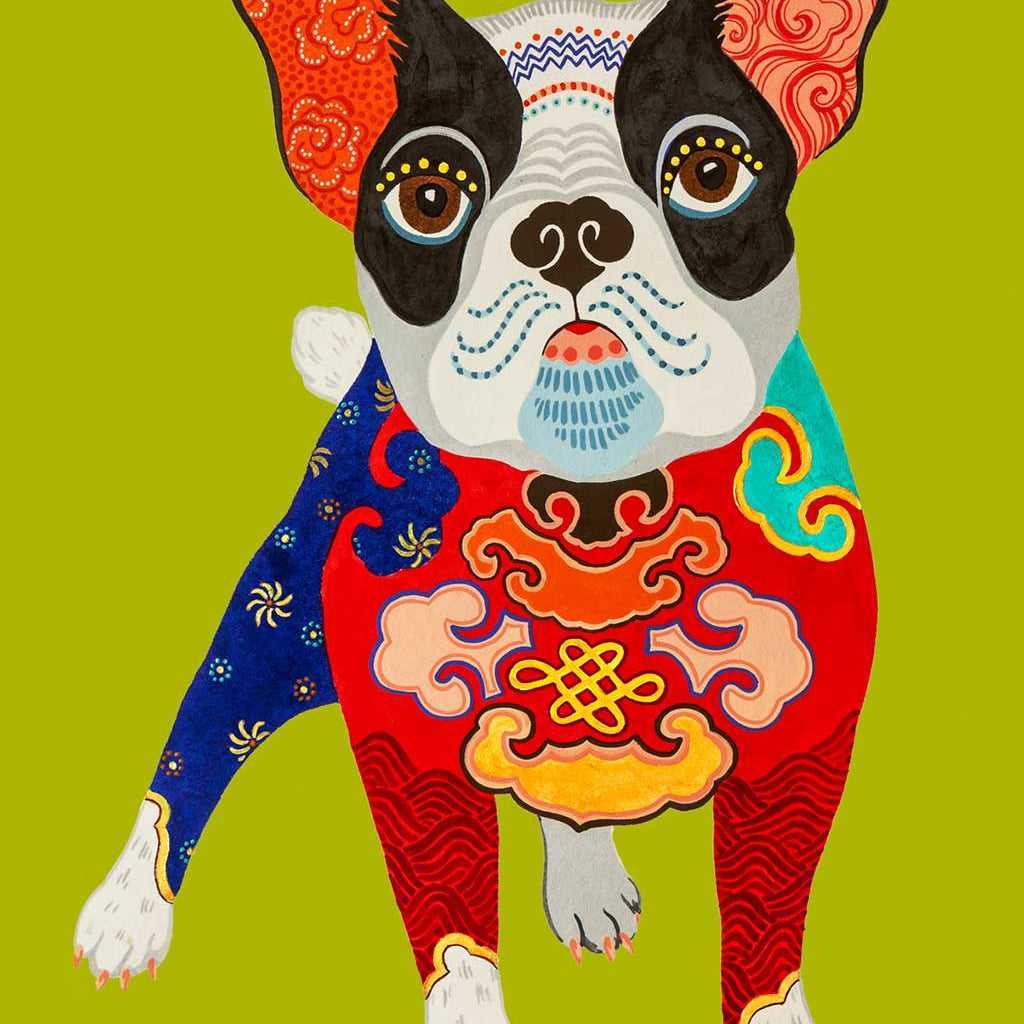 Australian Chinese Artist Chris Chun has created a charming Chinese Zodiac Dog Fine Art Print. Looking resplendent in the emperor's new clothes, this French Bulldog is the master of his domain and destiny.