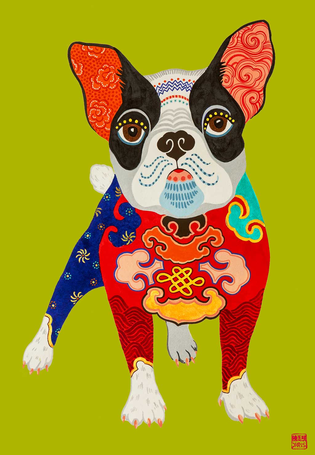Australian Chinese Artist Chris Chun has created a charming Chinese Zodiac Dog Fine Art Print. Looking resplendent in the emperor's new clothes, this French Bulldog is the master of his domain and destiny.