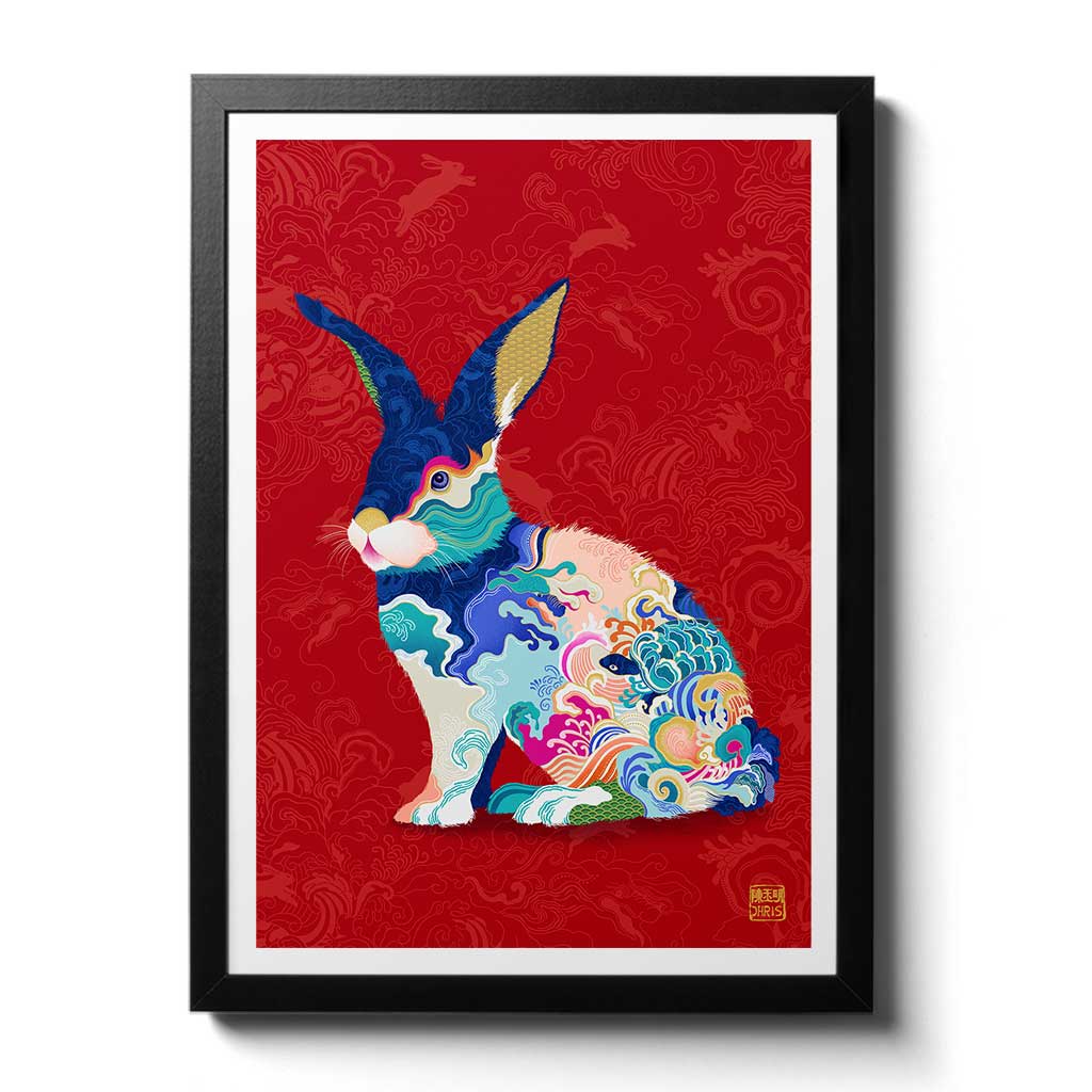 Framed Water Rabbit Chinese Zodiac Art Print by Artist Chris Chun