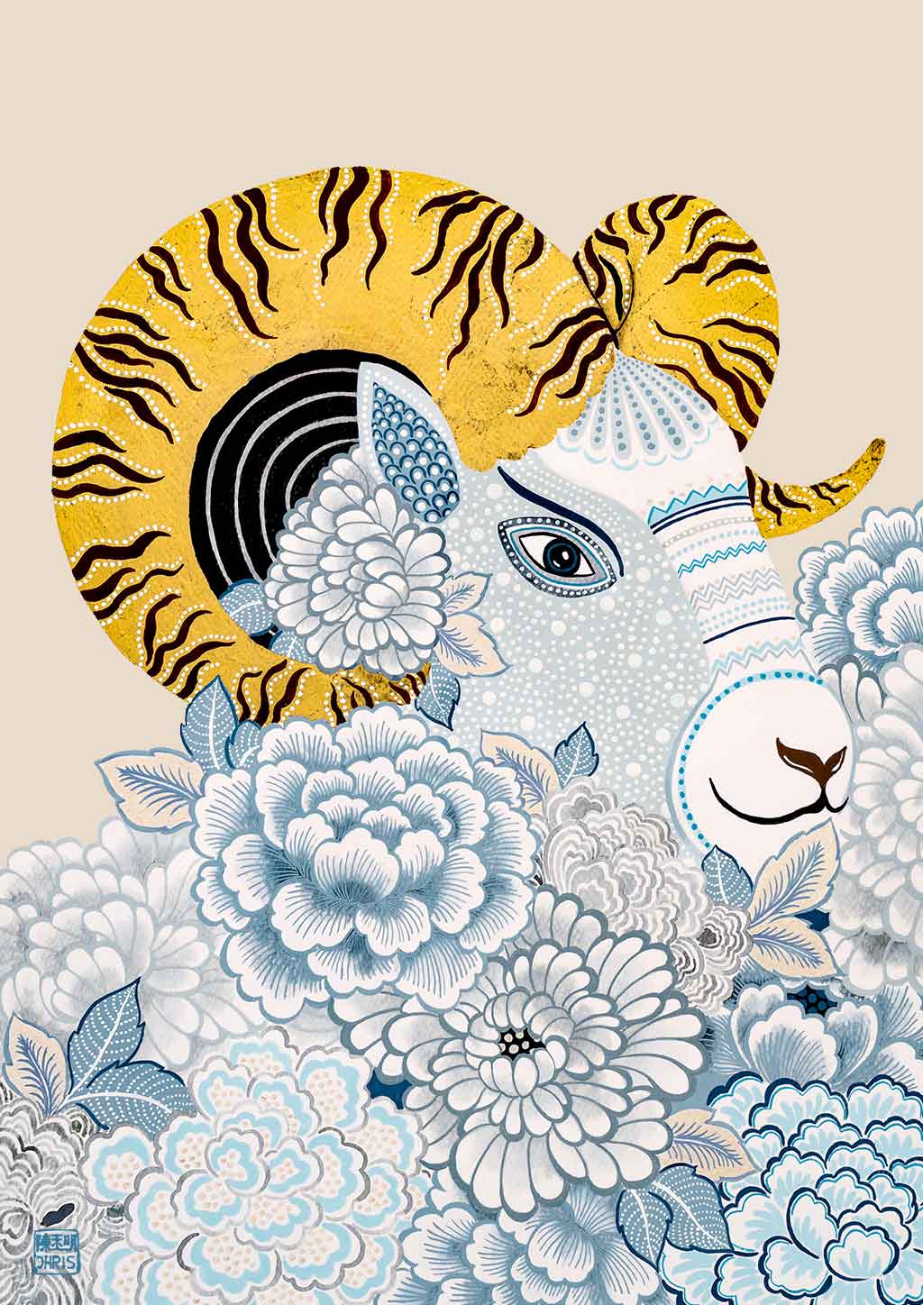 Chinese Zodiac Sheep Fine Art Print by Australian Chinese Artist Chris Chun. The perfect gift for those born in 1931, 1943, 1955, 1967, 1979, 1991, 2003, 2015 as they have been created to bring good fortune, health and prosperity to their owners!