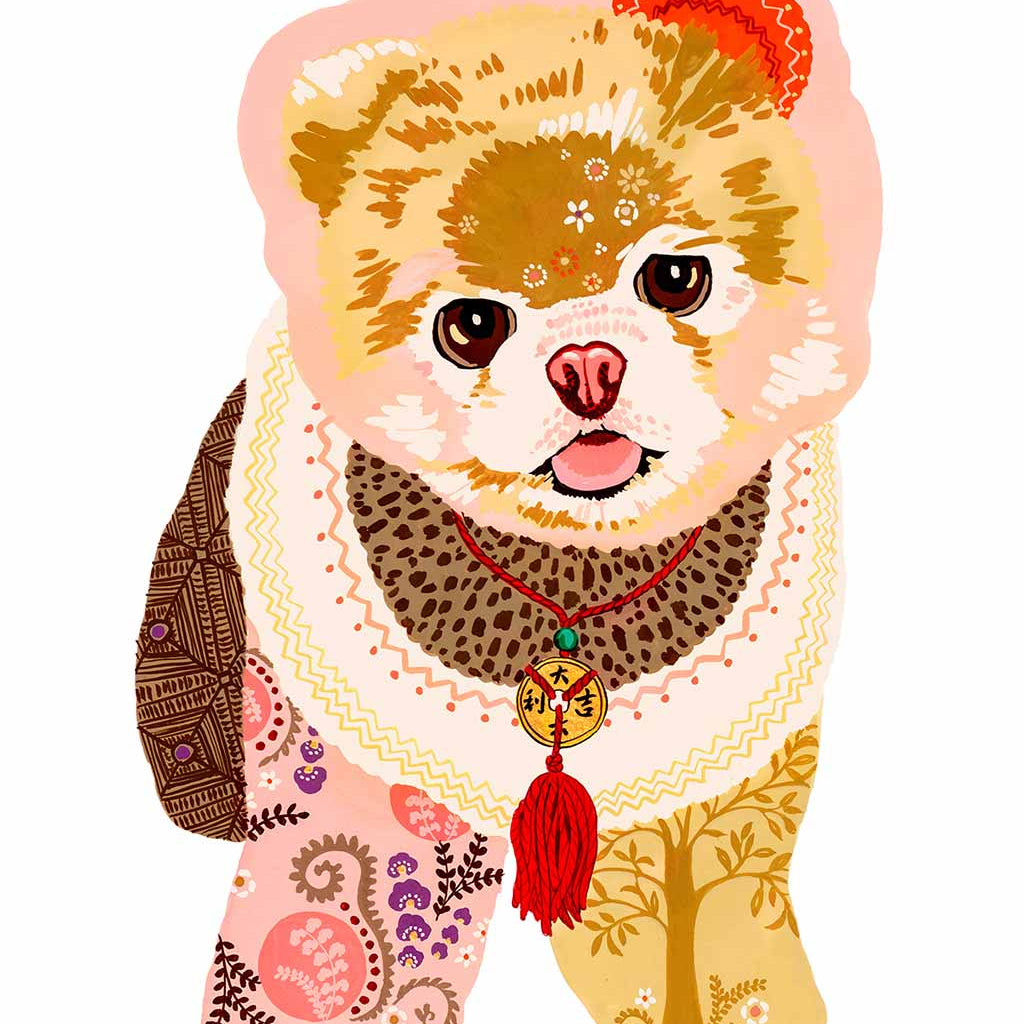 Chinese Zodiac Wood Dog Fine Art Print by Australian Chinese artist Chris Chun. Each dog is based on the 5 elements - earth, fire, metal, water and wood. Pomeranian Dog Art.