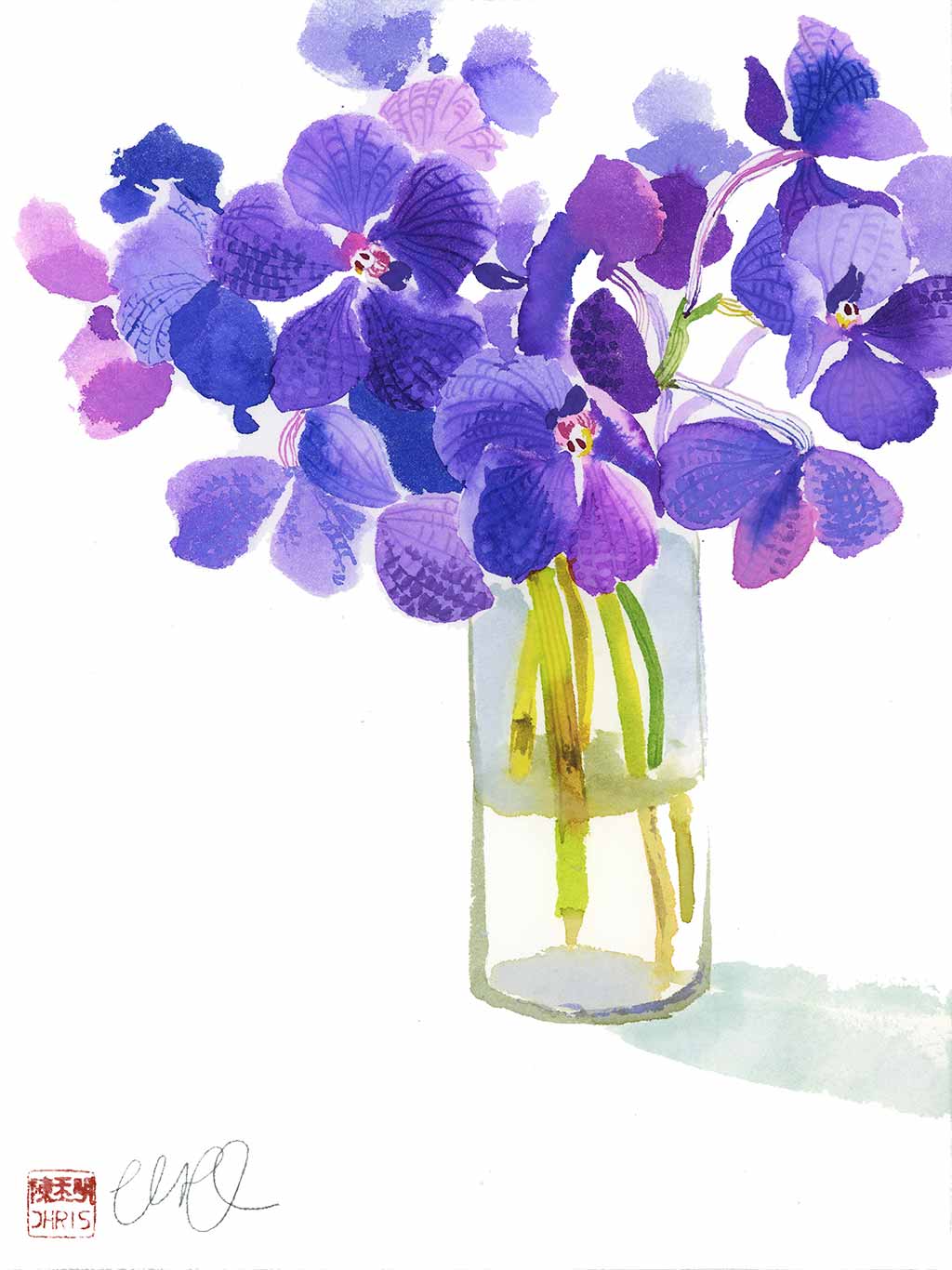 Original Ink Painting of the Purple Cattelya Orchid by Artist Chris Chun
