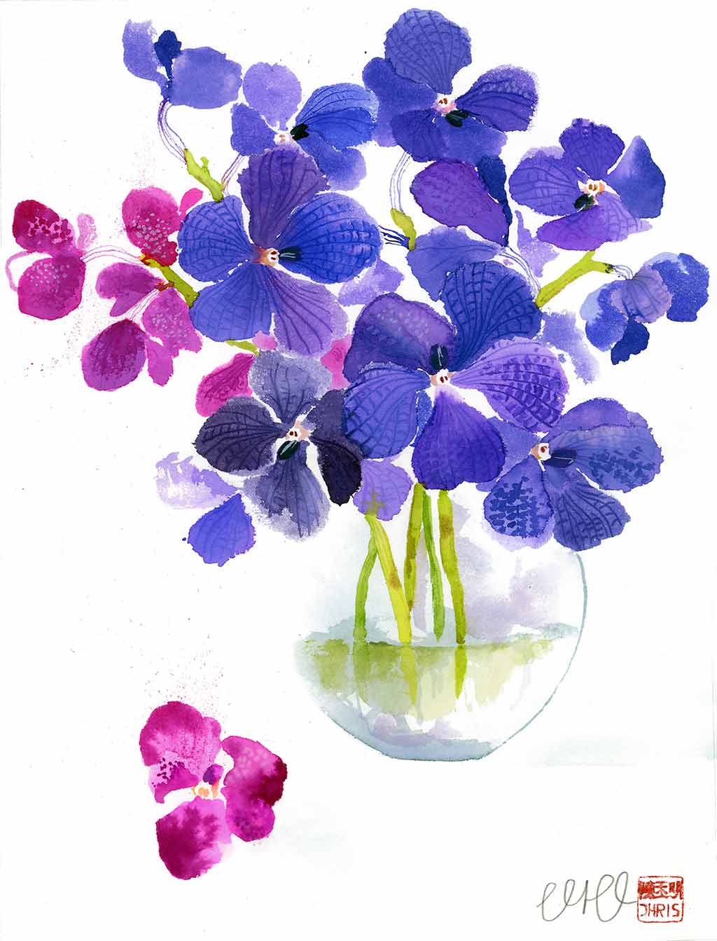 Original Ink Painting of the Purple Cattelya Orchid by Artist Chris Chun