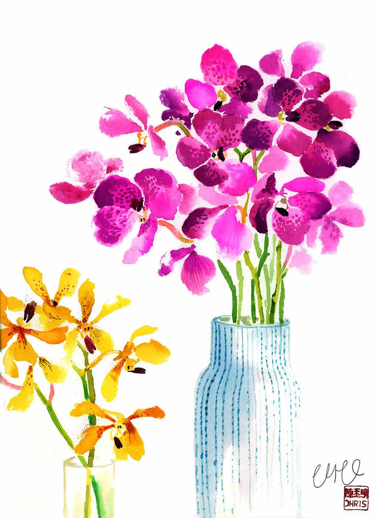 Original Orchid Still Life Painting by Artist Chris Chun who is a renowned Chinoiserie Artist and Textile Designer.