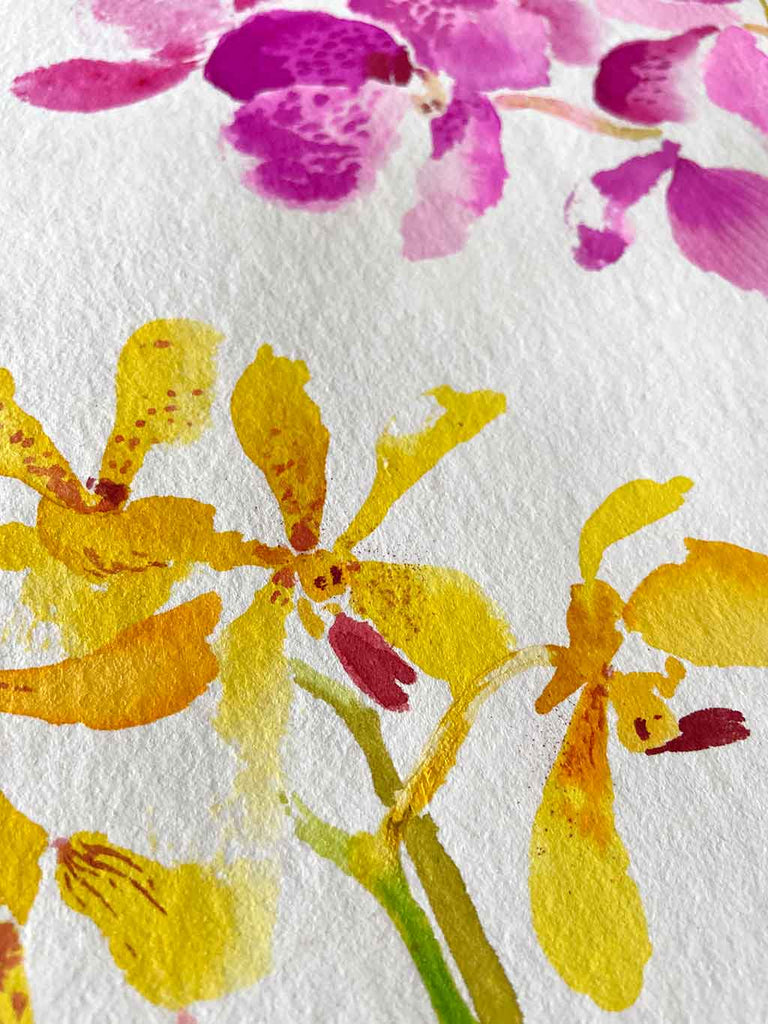 Original Orchid Still Life Painting by Artist Chris Chun who is a renowned Chinoiserie Artist and Textile Designer.