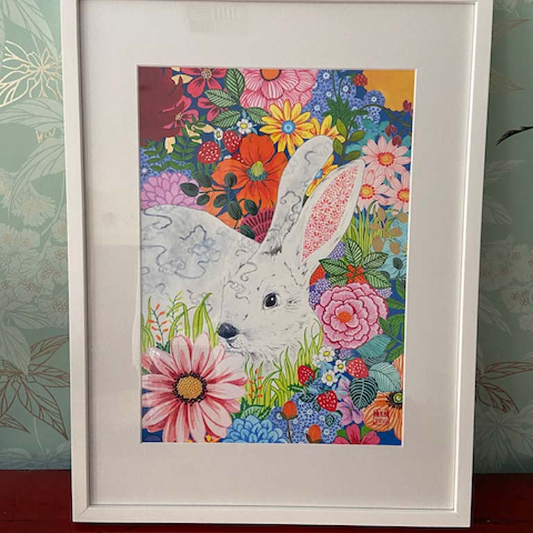 Framed A3 Rabbit Print with Gold Leaf and Hand Signed by Artist Chris Chun