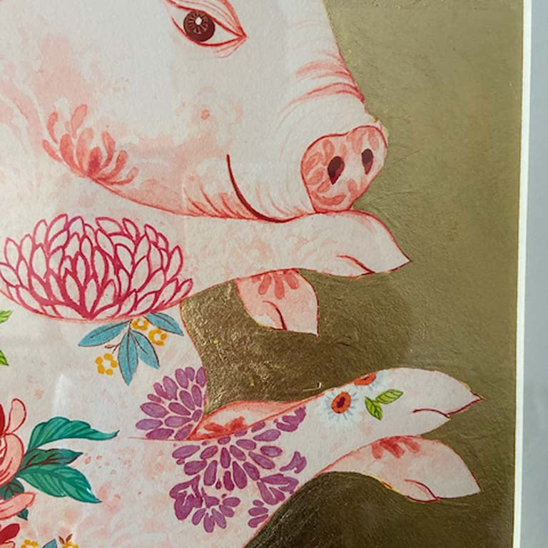 Detail Gold Embellishment of Pig Print