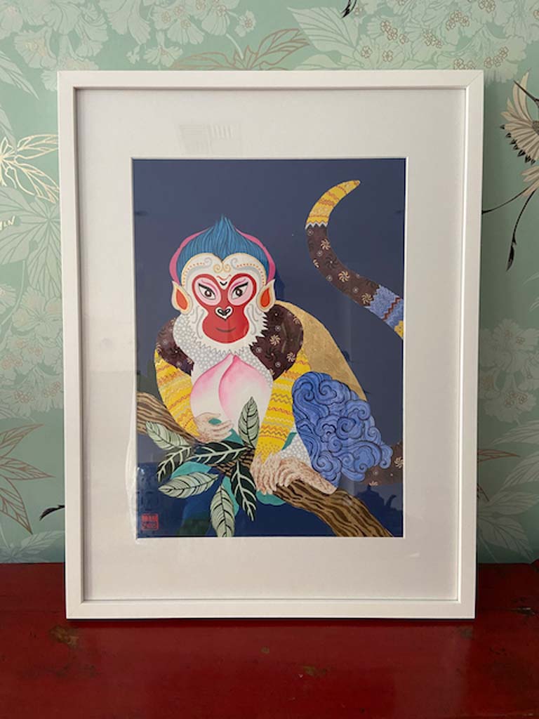 Framed Chinese Zodiac Monkey Print with Gold Leaf and Hand Signed by Artist Chris Chun
