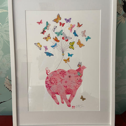Framed Happy Pig Print with Gold Embellishment and Hand Signed by Artist