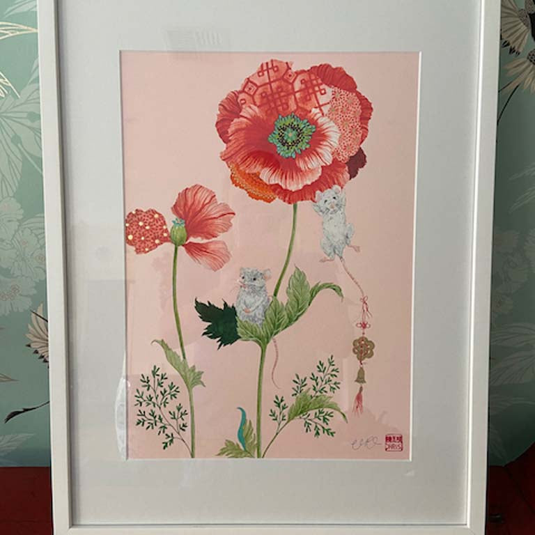 Framed Chinese Zodiac Rat Print with Gold Leaf embellishment by Chris Chun