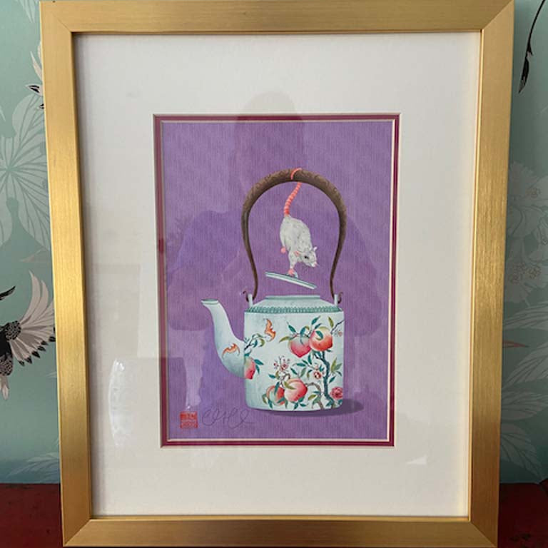 Framed 'Teapot of Prosperity' Zodiac Rat Print. Hand Signed by Artist Chris Chun