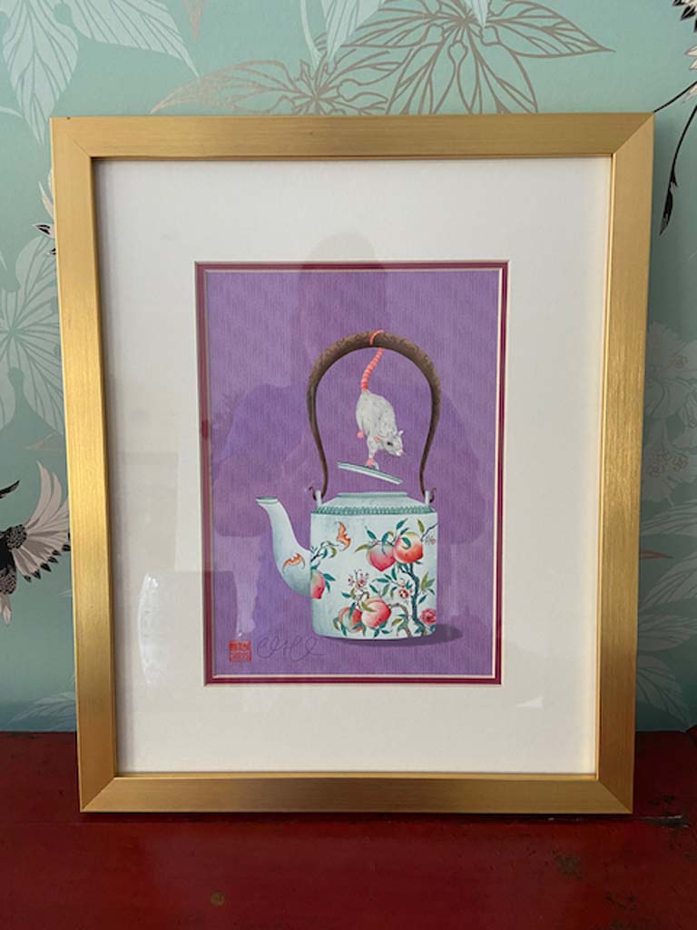 Framed 'Teapot of Prosperity' Zodiac Rat Print. Hand Signed by Artist Chris Chun
