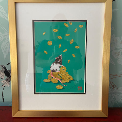 'Lucky Coins' Rat Print with Gold Frame and Hand Signed by Artist Chris Chun