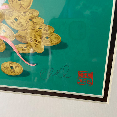 'Lucky Coins' Rat Print with Gold Frame and Hand Signed by Artist Chris Chun