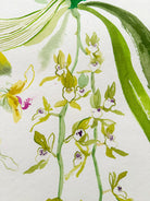 Ink Painting of green leaves and yellow orchid flowers