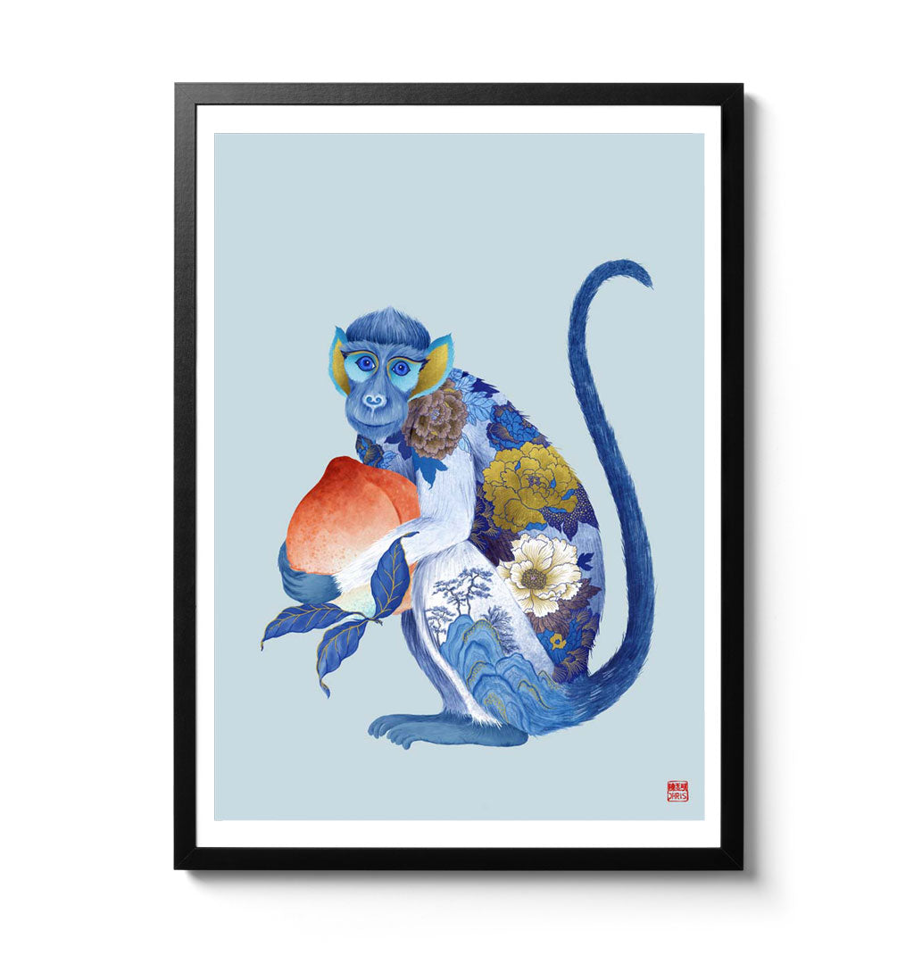 Chinese Zodiac Monkey Art Print by Chris Chun, featuring a blue and gold monkey holding a peach, symbolizing creativity and good fortune.