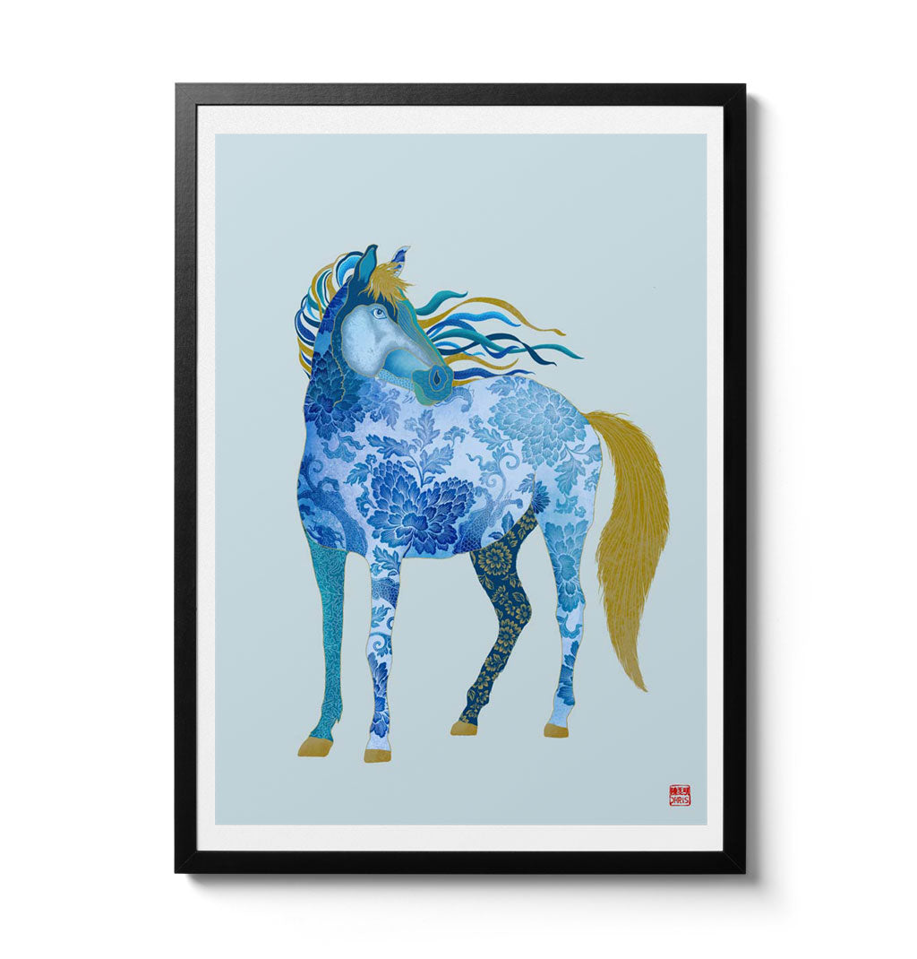 Chinese Zodiac Horse Art Print by Chris Chun, featuring a blue and gold patterned horse symbolizing freedom, vitality, and success.