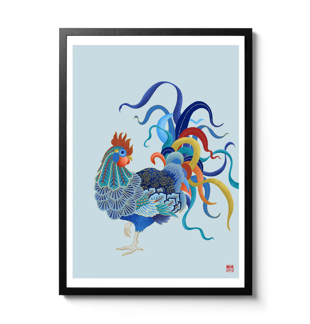 Chinese Zodiac Rooster Art Print by Chris Chun, showing a rooster with detailed blue, red, and gold patterns, symbolizing charm, focus, and positivity.