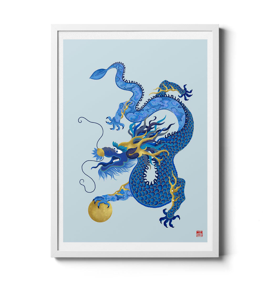Chinese Zodiac Dragon Art Print by Chris Chun in shades of blue and gold, featuring a majestic dragon holding a golden orb, symbolizing strength, wisdom, and luck, with intricate scales and swirling patterns.