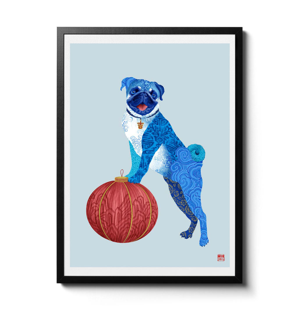 Chinese Zodiac Dog Art Print by Chris Chun, featuring a blue patterned dog with a red lantern, representing loyalty, warmth, and positive energy.