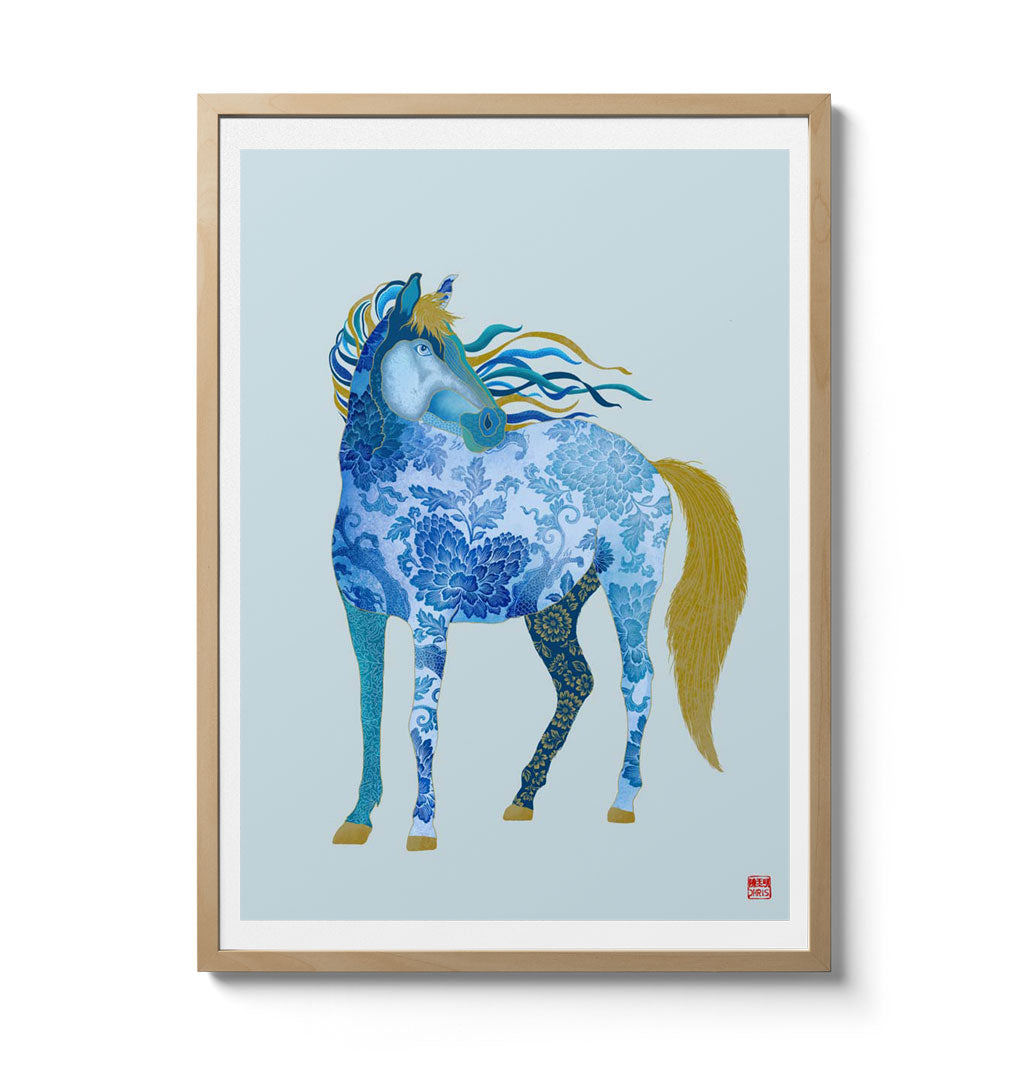 Chinese Zodiac Horse Art Print by Chris Chun, featuring a blue and gold patterned horse symbolizing freedom, vitality, and success.