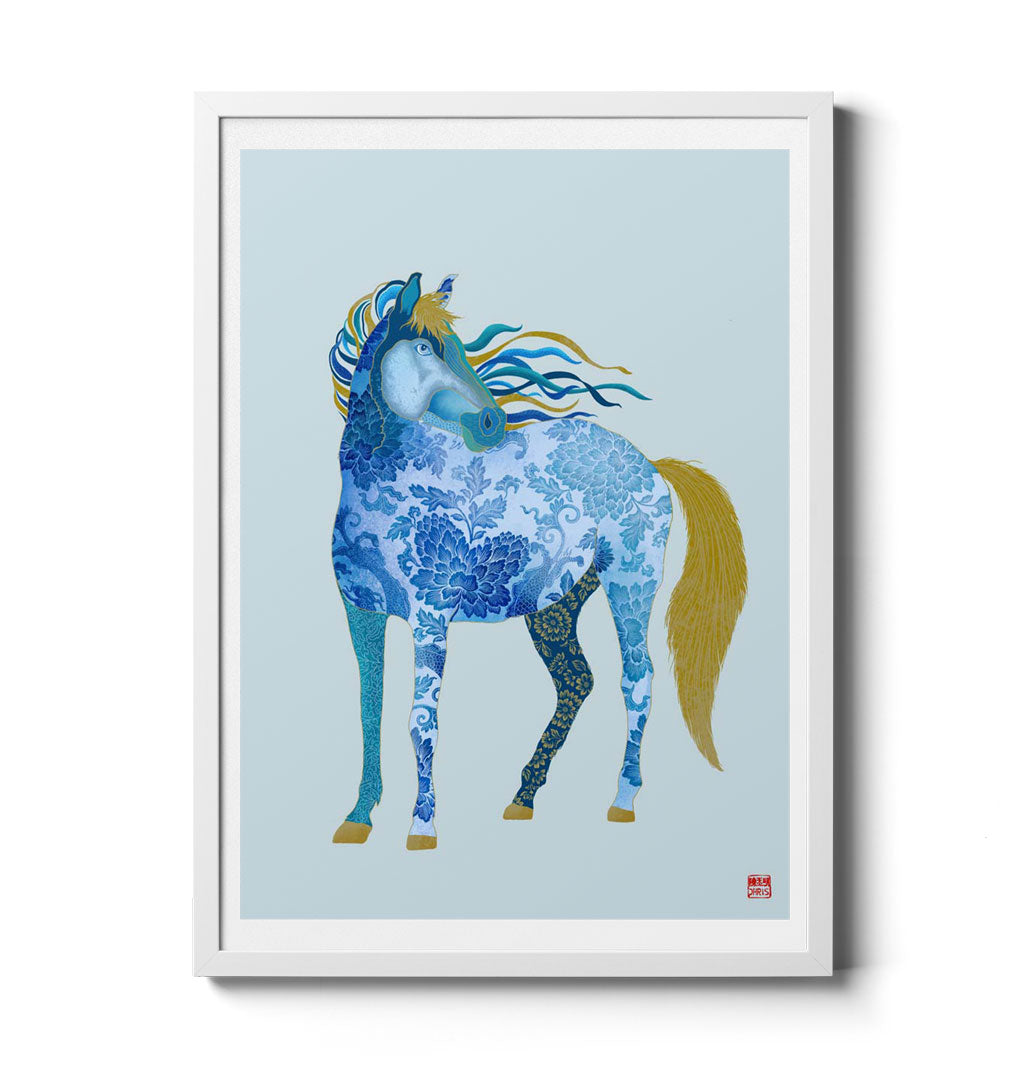 Capture the spirit of adventure with Chris Chun’s Horse Art Print, bringing feng shui energy, positivity, and success into your home with vibrant blue and gold patterns.