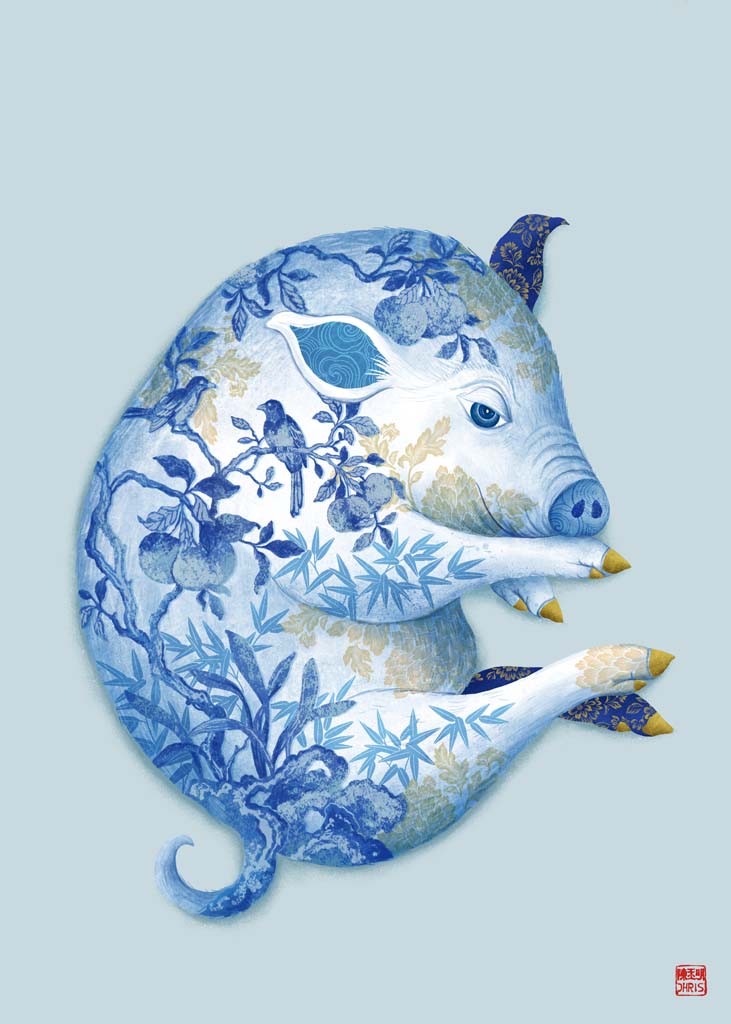 Chinese Zodiac Pig Art Print by Chris Chun, features a blue and white patterned pig, symbolizing abundance, peace, and harmonious energy.