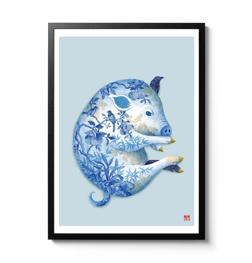 Chinese Zodiac Pig Art Print by Chris Chun, showing a pig with intricate blue floral patterns, representing prosperity, joy, and peaceful energy