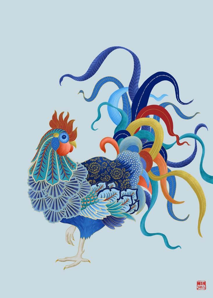 Chinese Zodiac Rooster Art Print by Chris Chun, featuring a colorful rooster with intricate patterns, symbolizing confidence, luck, and clarity