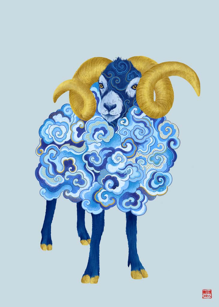 Chinese Zodiac Sheep Art Print by Chris Chun, featuring a sheep in blue and gold patterns, symbolizing harmony, creativity, and peace.