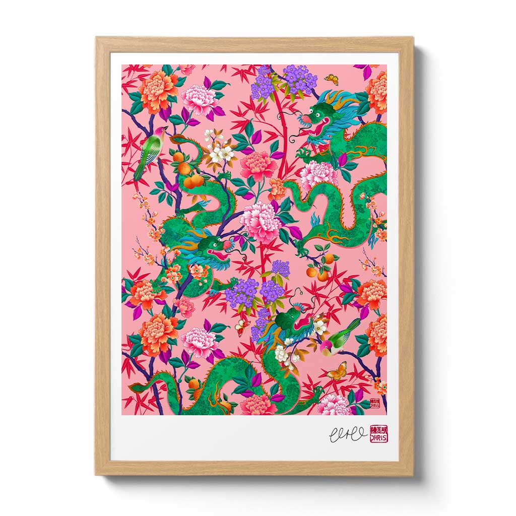 'The Garden of Good Fortune' Pink Chinese Dragon Print.