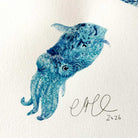 Blue cuttlefish painting on a white background with signature and date
