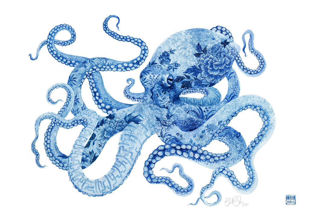 'Professor Peony' Octopus Fine Art Print by Artist Chris Chun. 