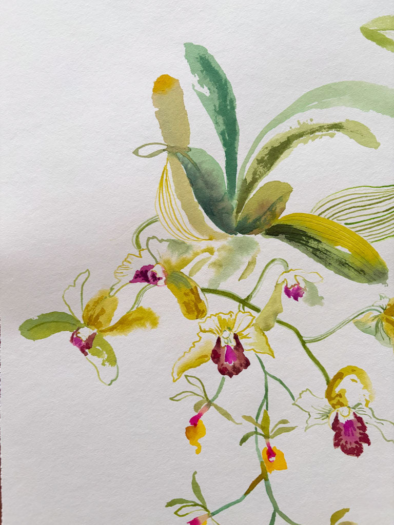 Ink Painting of green and yellow orchids on Japanese paper