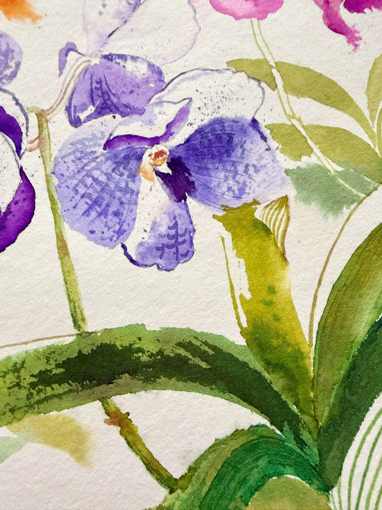 Close-up of ink painting of purple orchids with green leaves on a light background