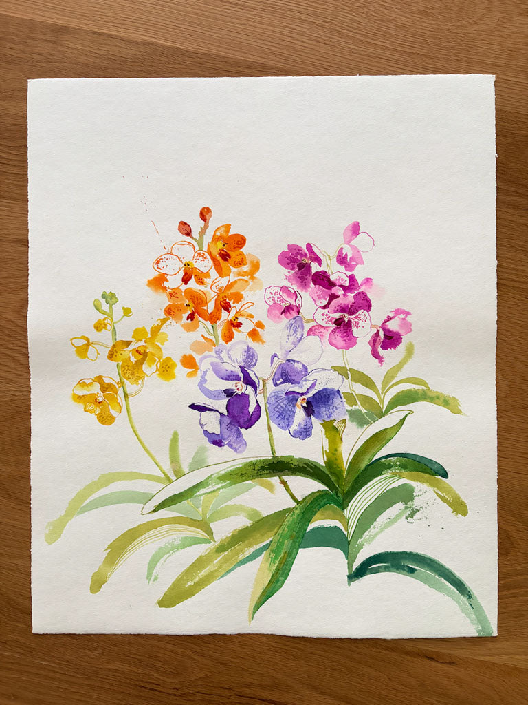 Colorful floral painting on white Japanese Paper