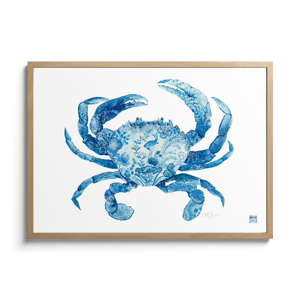'The Sea Walker' Crab Framed Fine Art Print by Artist Chris Chun. Oak Frame