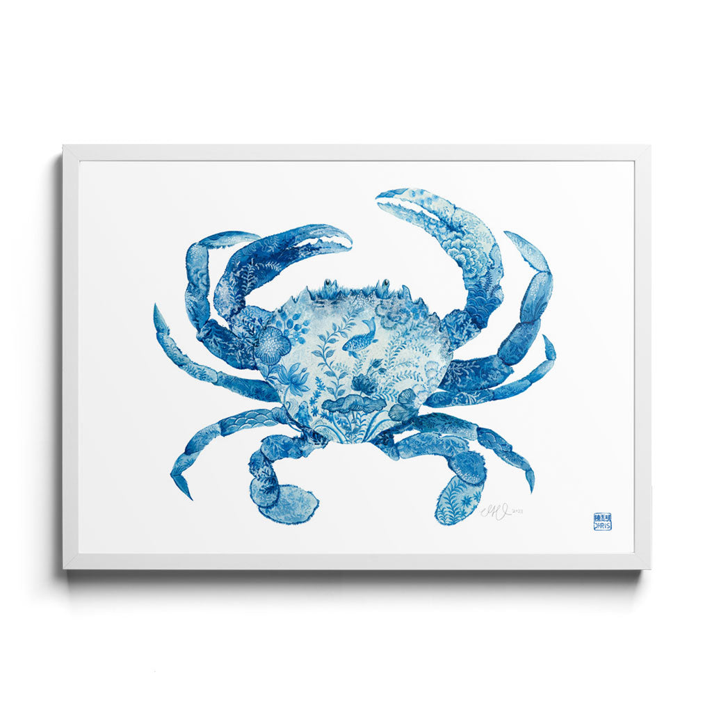 'The Sea Walker' Crab Framed Fine Art Print by Artist Chris Chun. White Frame