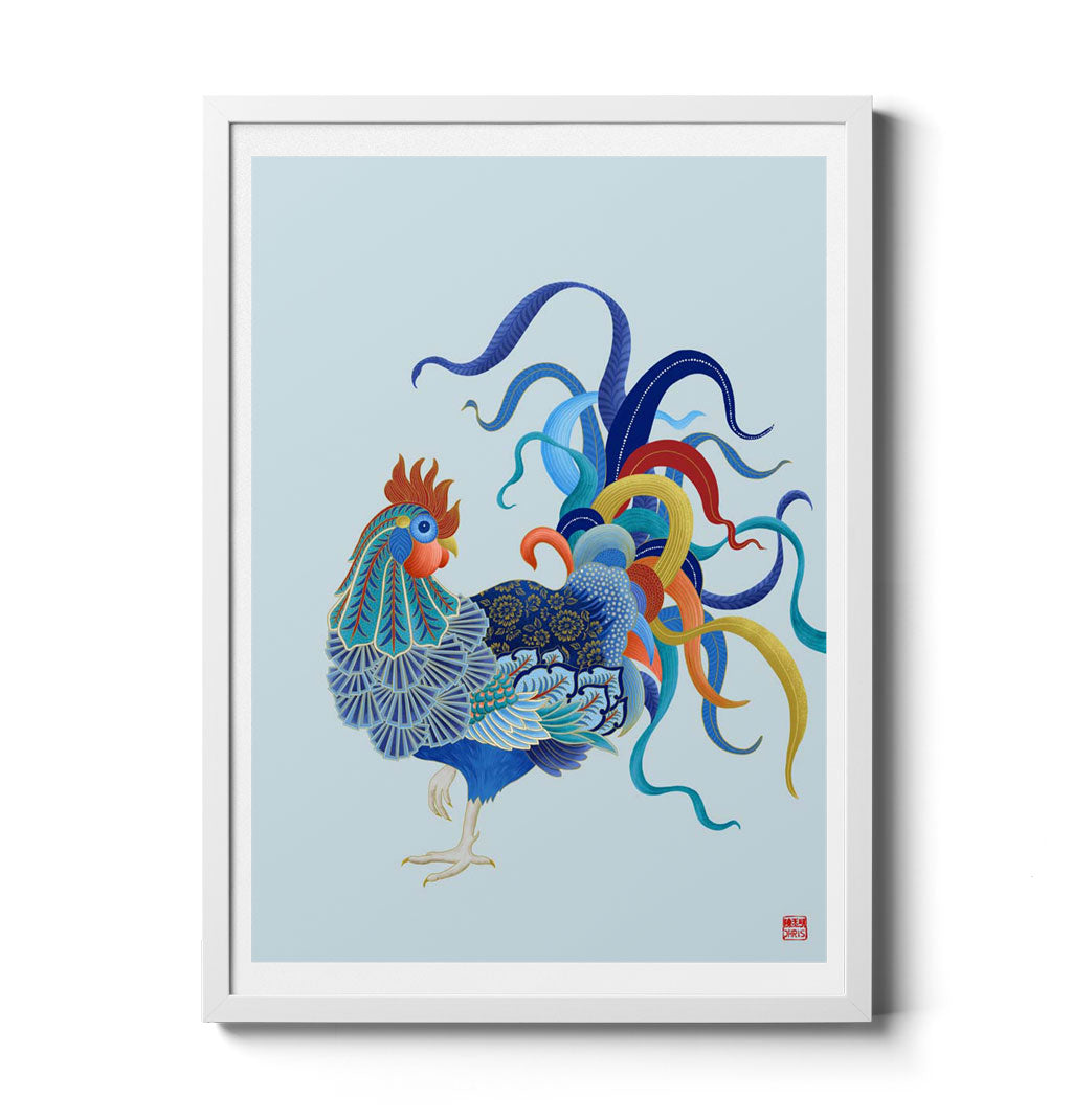 Chinese Zodiac Rooster Art Print by Chris Chun, showing a rooster with detailed blue, red, and gold patterns, symbolizing charm, focus, and positivity.