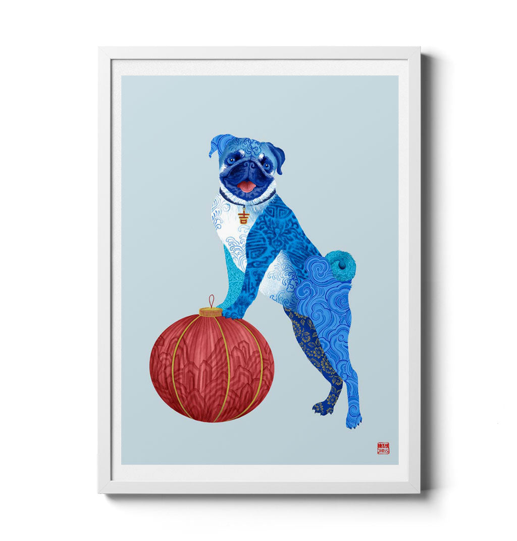 Chinese Zodiac Dog Art Print by Chris Chun, featuring a blue patterned dog with a red lantern, representing loyalty, warmth, and positive energy.